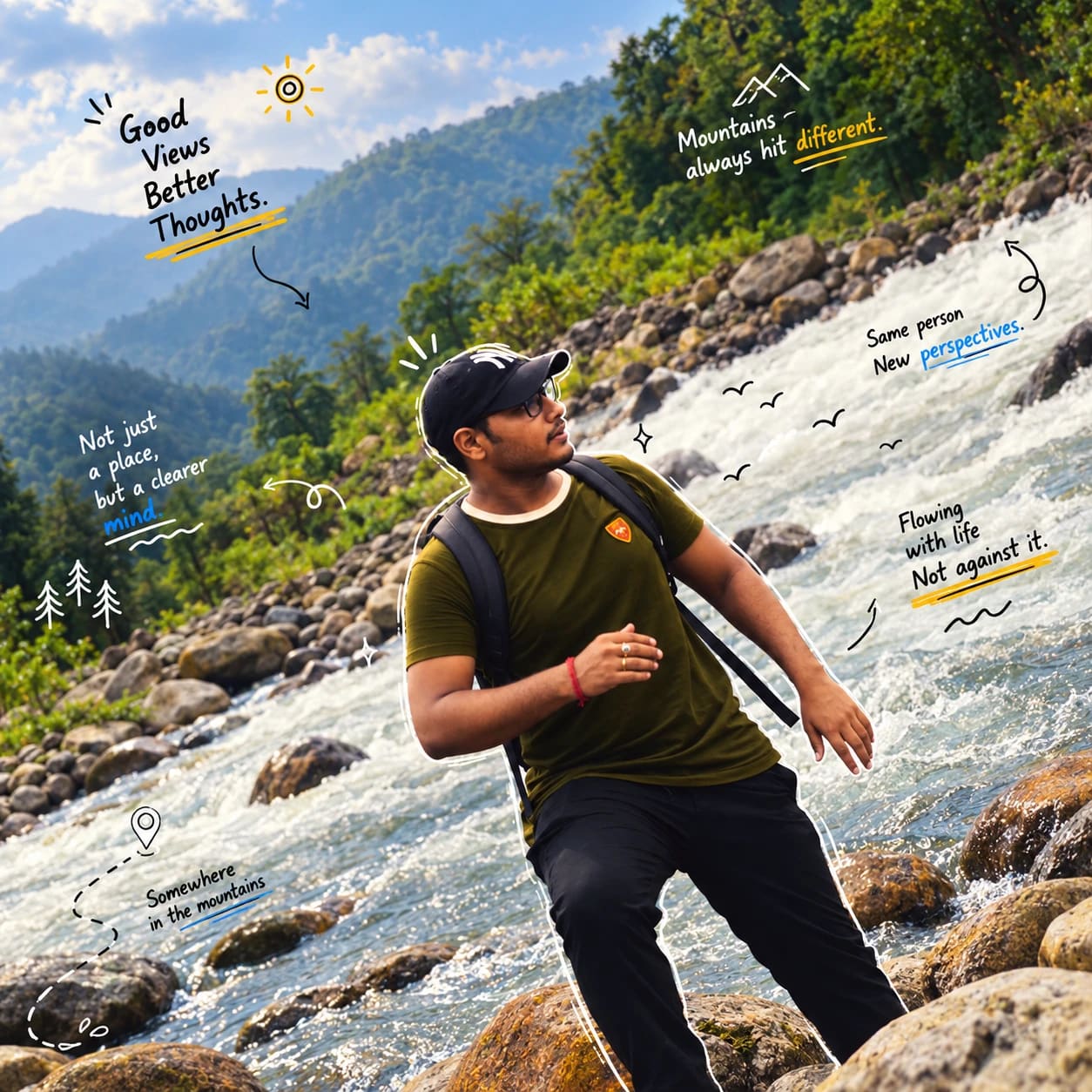 Pranay Kumar Sarkar by a mountain river, with hand-drawn notes about travel and perspective