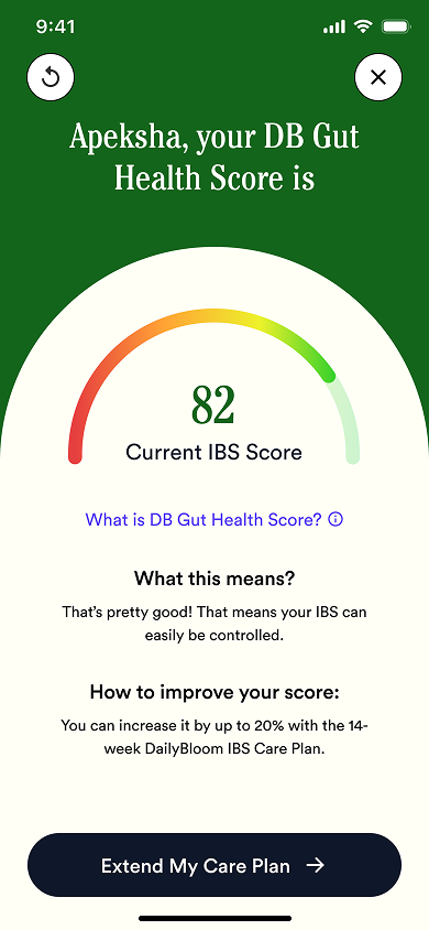 The Gut Health Score screen — progress shown as one simple number