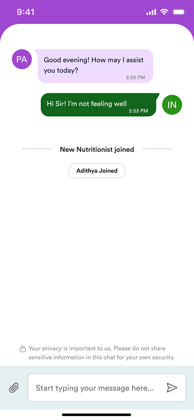 A chat screen for talking to a real nutritionist