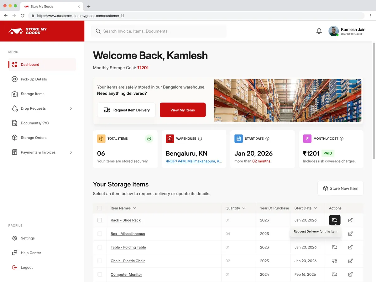 The redesigned Store My Goods dashboard: stored items, payments and the next action