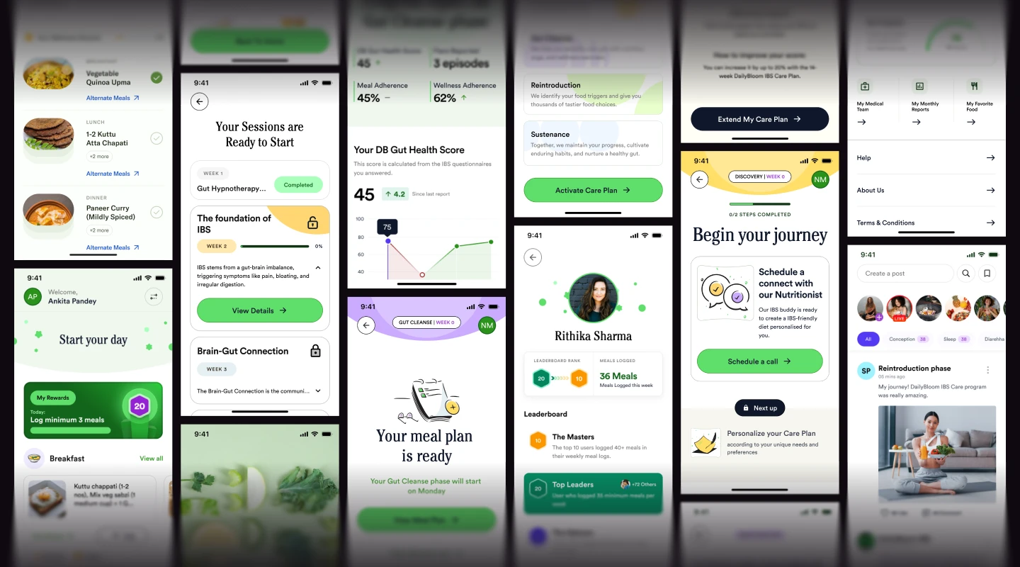 DailyBloom IBS app screens: meal plans, hypnotherapy sessions, a gut health score, a leaderboard and the care plan journey