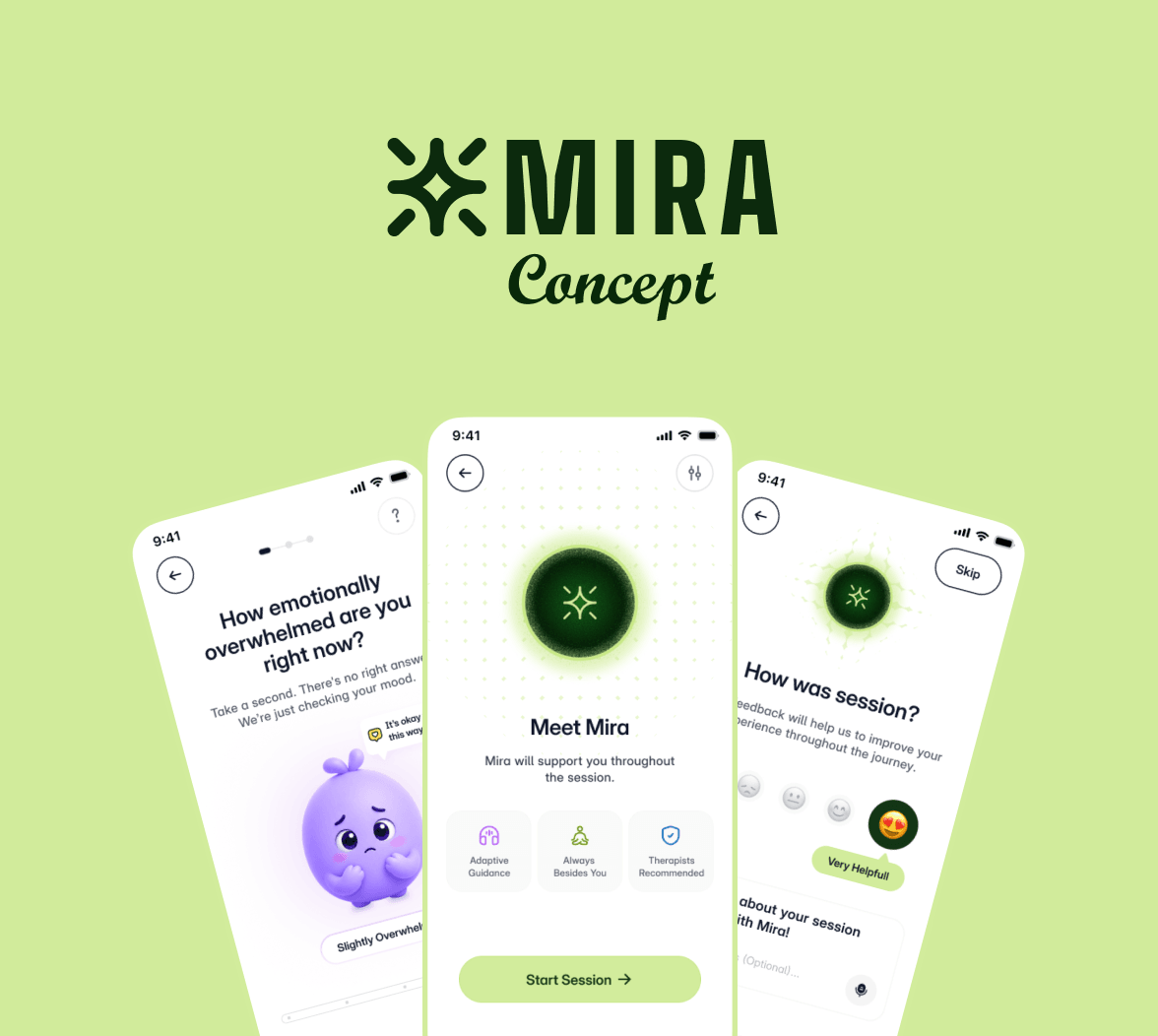 Mira concept app screens: a mood check-in, meeting Mira before a session, and rating the session