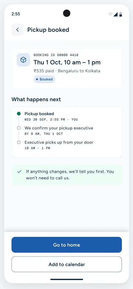 Pickup booked, with three dated next steps.
