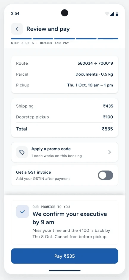 Review and pay, with the promise card above Pay ₹535.