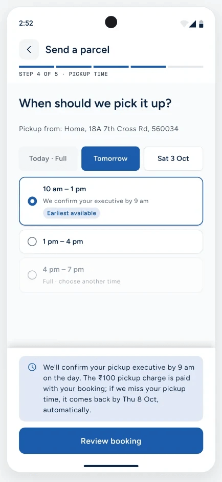 When should we pick it up? Three-hour times, today shown as full.
