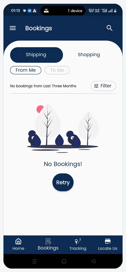 Bookings showing 'No Bookings!' with a Retry button.
