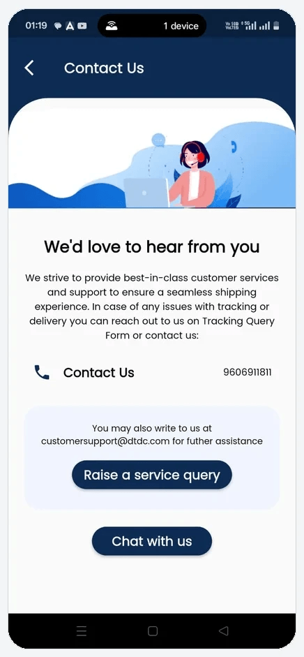 Contact us, with a phone number, a service query button and a chat button.