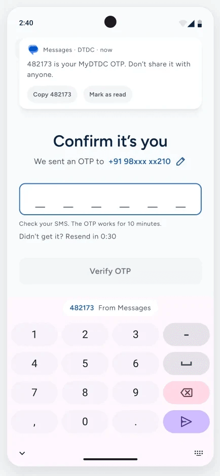 Confirm it's you, with the code suggested from Messages.