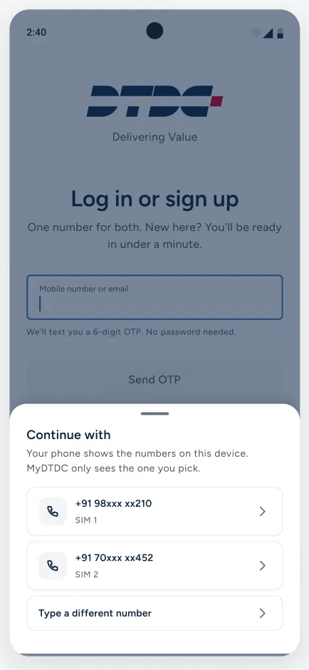 Log in or sign up, with the phone suggesting two SIM numbers.